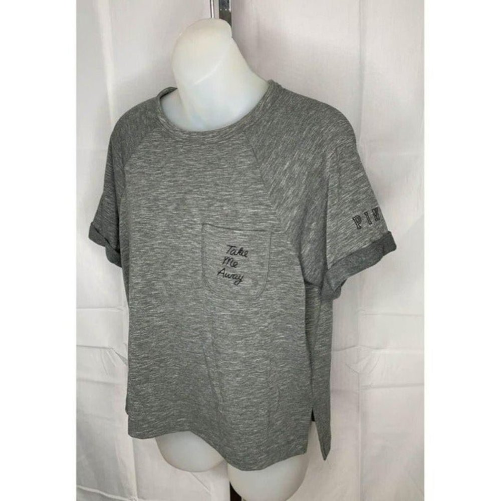 XS Victoria’s Secret Pink gray casual tee tshirt top ‘take me away’ on pocket
